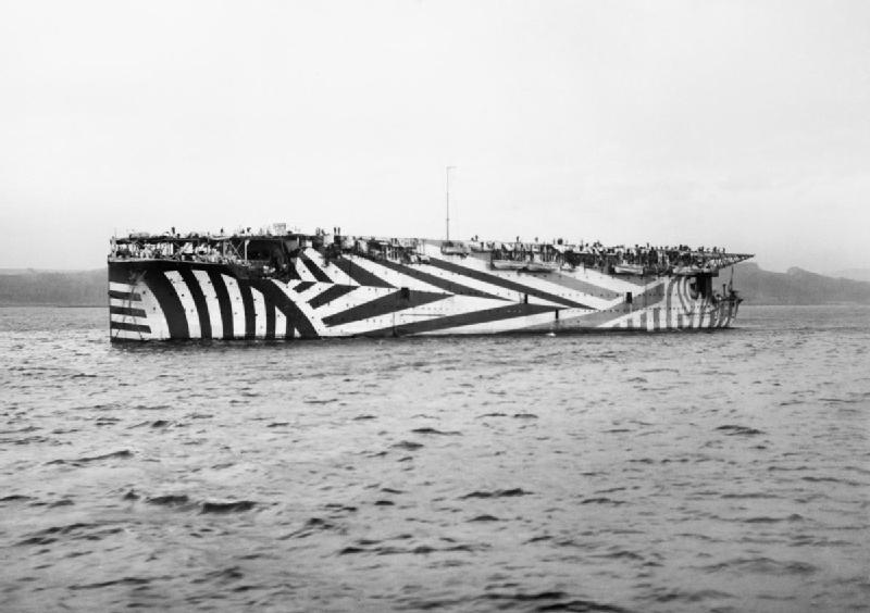 HMS Argus painted with dazzle camouflage